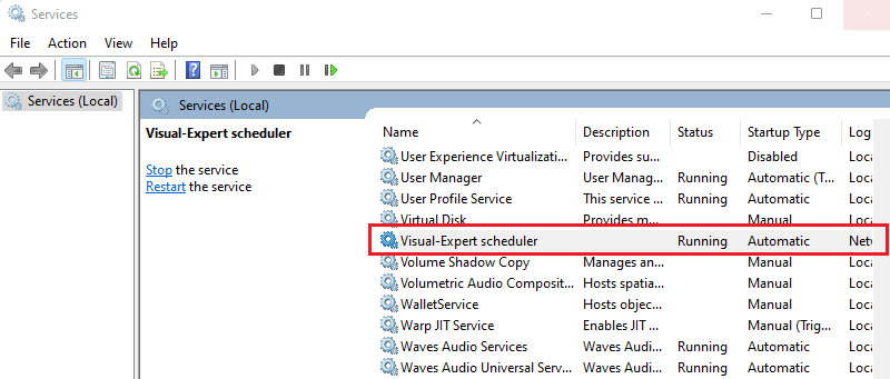Visual Expert Scheduler Services on Windows